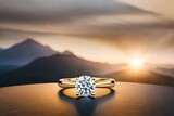 Fototapeta  - A gleaming engagement ring rests upon a polished wooden table, set against the backdrop of a vast, cloud-studded sky.