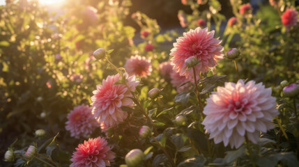 Wall Mural - pink dahlia bushes in the garden, generative AI