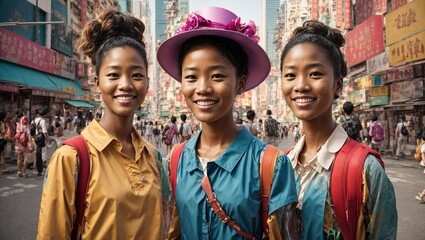 Three girls standing in a busy street