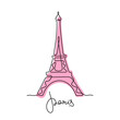 Eiffel Tower, Paris. Continuous line colourful vector illustration.