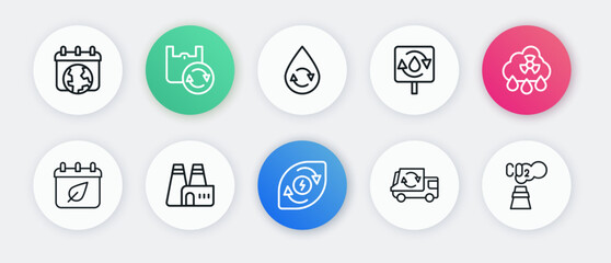 Set line Water energy, Acid rain radioactive cloud, Calendar with autumn leaves, Garbage truck, Recycle clean aqua, CO2 emissions and Factory production icon. Vector