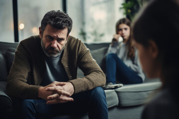 Relationship between father and child. Difficult conversation with teenager. Serious dad and sad daughter sitting on sofa and talking. Family problems