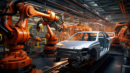 Wall Mural - Robotic assembly line in an automotive factory