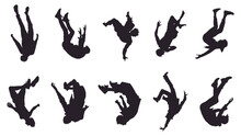 Set Of Falling People Silhouettes. Vector Silhouettes Of People Falling From A Great Height. Falling Male Silhouette