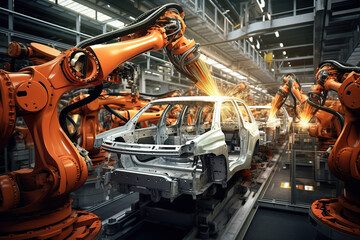 Wall Mural - Robotic assembly line in an automotive factory