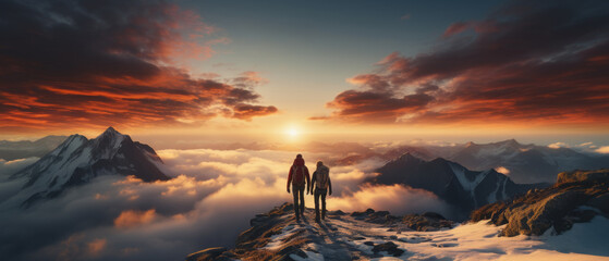 couple of man and woman hikers on top of a mountain in winter at sunset or sunrise, together enjoyin