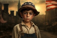 Nostalgic American 1920 Child Boy In Town. Generate AI