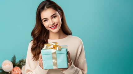 Wall Mural - Happy smiling woman holding gift box over blue background