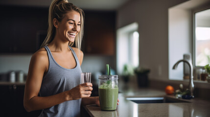 Sticker - Sporty girl on a diet made a smoothie in the kitchen