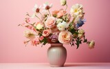 Fototapeta Storczyk - A bouquet of colorful flowers in a vase isolated on a pastel pink background