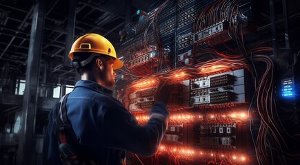 Wall Mural - electrican working in a factory, worker with helmet, electrical worker in action