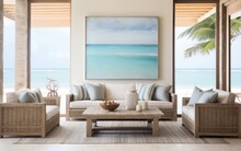 Coastal Interior Living Room With Wooden Furniture And Decor