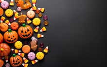 Halloween Pumpkins And Candy Corns Flat Lay Background