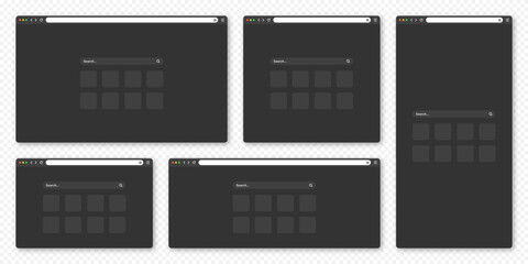Blank web browser window with toolbar and search field. Modern website, internet page in flat style. Browser mockup for computer, tablet and smartphone. Adaptive UI, dark mode. Vector illustration