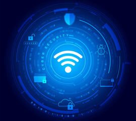 Fototapete - HUD futuristic system of wifi data, cloud storage, virus, password security worldwide global network internet connection. Online protection cyber attack on blue background vector.