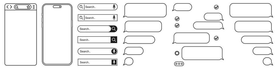 Aufkleber - Browser window in line style, smartphone, blank web page, search bar in internet, line template mockup, linear model mobile phone, set message icons, dialogue, social network chatting window