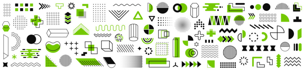 Poster - Set of geometric shapes icons. Retro funky graphic, 90s trends designs and vintage print element collection. Memphis design retro elements. Collection trendy halftone geometric shapes - stock vector