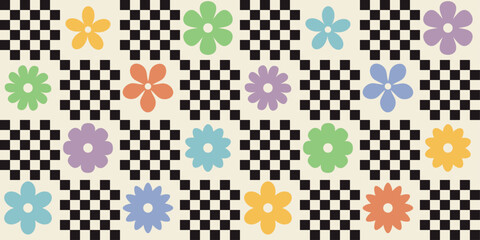Poster - The flowers alternate with a checkered pattern. A simple and stylish pattern of colored petals and checkerboard textures. For print, background, wallpaper, seamless surface.