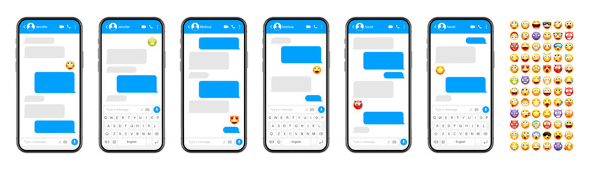 Smartphone messaging app, user interface design with emoji. SMS text frame. Chat screen with blue message bubbles. Texting app for communication. Social media application. Vector illustration