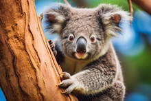 Koala Bear On Tree. Cute Koala Bear Holding On To Tree And Looking At Camera.