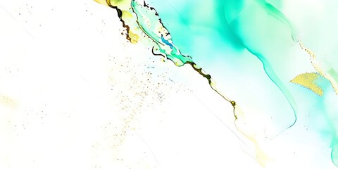 Naklejka na meble Abstract watercolor paint background illustration - Soft pastel green aquamarine color and golden lines, with liquid fluid marbled paper texture banner texture.