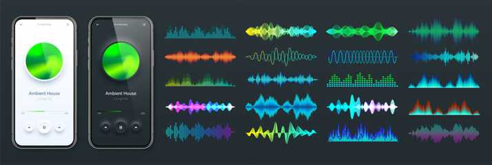Wall Mural - Online audio player user interface, smartphone app UI design. Music, media streaming and listening platform. Responsive mobile application. Neumorphism. Various sound waves. Vector illustration