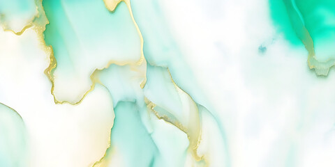Abstract watercolor paint background illustration - Soft pastel green aquamarine color and golden lines, with liquid fluid marbled paper texture banner texture.