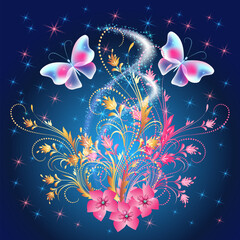 Wall Mural - Fairytale night sky with magical butterflies and floral golden ornament and stars. Fantasy sparkle background.