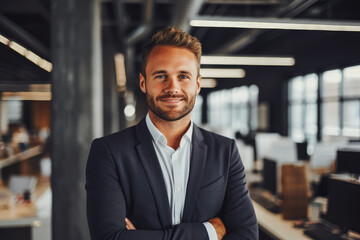 CEO in his modern office. Confident middle age caucasian CEO male standing in his office.