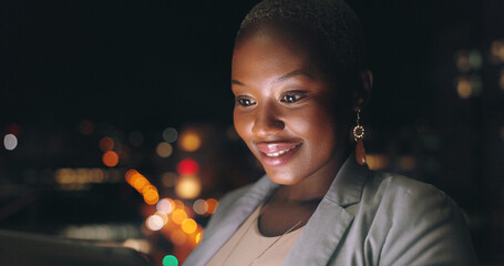 Poster - Black woman, screen and dark social media scroll of a person online looking at internet and web. City night, woman and technology reading of a female happy about a social network connection outdoor