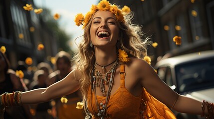 The religious movement of Hari Krishna and Hare Krishnas with songs and dances walk along the streets of the city, a garland of flowers on a woman and men. Concept: Hindu mantra among passers-by.
