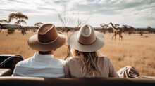 Back View Of Couple On Vacation, Jeep Safari Ride To Discover The Wildlife Animals , Giraffe In The Background 