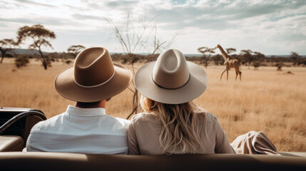 back view of couple on vacation, jeep safari ride to discover the wildlife animals , giraffe in the 