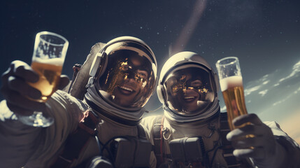 Wall Mural - male and friend in space suits happily freedom holding craft beer bottle cheer on the moon