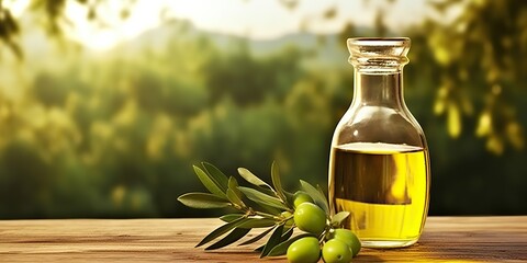 AI Generated. AI Generative. Olive oil on wooden background table nature outdoor mock up decoration. Can be used for healthy organic vegan shop