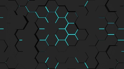 Poster - Screensaver for intro. Neon hexagons on a gray background. Rendering video footage.