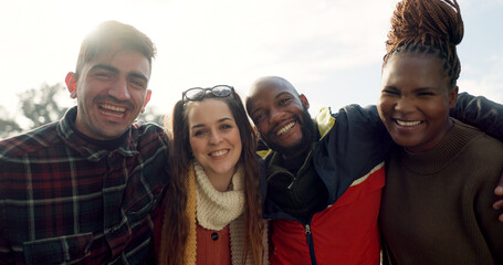 Canvas Print - Group, couple of friends and laughing outdoor for fun, quality time and bonding together. Happy men, women and diversity of people hug with smile for support, freedom and funny double date at park