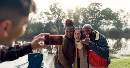 Wall Mural - Camping, picture and friends smile in nature on outdoor holiday, vacation and adventure. Campsite, traveling and happy men and women on mountain pose for social media, profile photo and memories