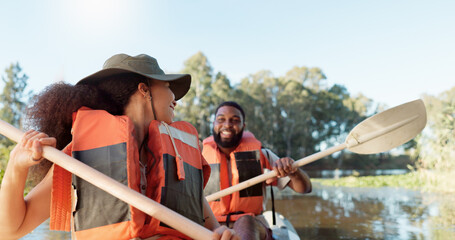 Wall Mural - couple, kayak and boat on lake outdoor for sports adventure or nature travel trip. young man and wom