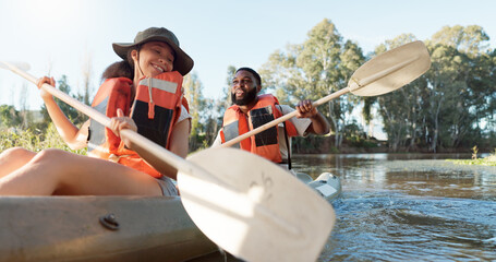 Wall Mural - couple, kayak and rowing on a lake in nature for sports challenge, adventure or travel with a smile.