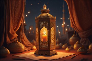 Wall Mural - Graphic depiction of an ornamental Arabic lantern with a candle illuminating a dark background, appropriate for festive greeting cards or Ramadan Kareem invitations. Created with generative AI tools