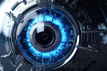 Robot or human eyeball close-up with blue pupil scanning an eye (ai generated)