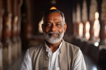 Wall Mural - Medium shot portrait of an Indian man in his 50s in his 50s wearing a chic cardigan in a mosque ,