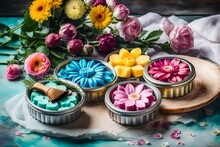 Handmade Tartlet Tin Soaps On A Watercolor Background With Flowers