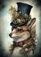 A Baroque Steampunk Squirrel Dog In The Style Of Realistic Hyper - Detailed Portraits, Richly Detailed Genre Paintings, Exquisite Clothing Detail, Watercolor Art, Rich And Immersive, , Soft Faded Coo