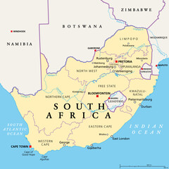 Wall Mural - South Africa, political map with provinces, largest cities, international and administrative borders. Republic and southernmost country in Africa, with capitals Pretoria, Cape Town and Bloemfontein.