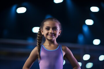 little girl in sportswear posing at night in the stadium.