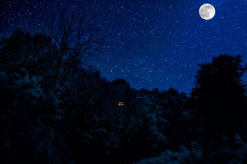 Wall Mural - mountain night landscape of building at forest at night with moon or vintage country house at night 