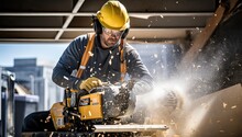 Worker Using A Circular Saw To Cut A Wooden Board At A Construction Site