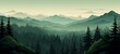 An illustration depicting a panoramic forest mountain landscape, with dark green silhouettes of valley views, encompassing fir trees and the peak of mountains